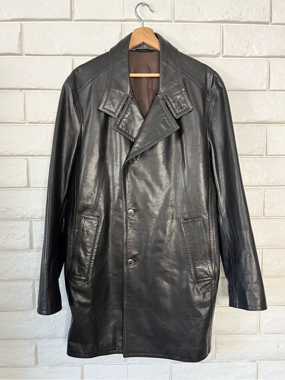 Seraphin France Men's Black Leather Double-Breasted Coat Longline Size 52